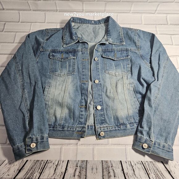 Blue  Denim Jacket With Grey detachable Hood with pockets long sleeve med denim - Picture 2 of 10